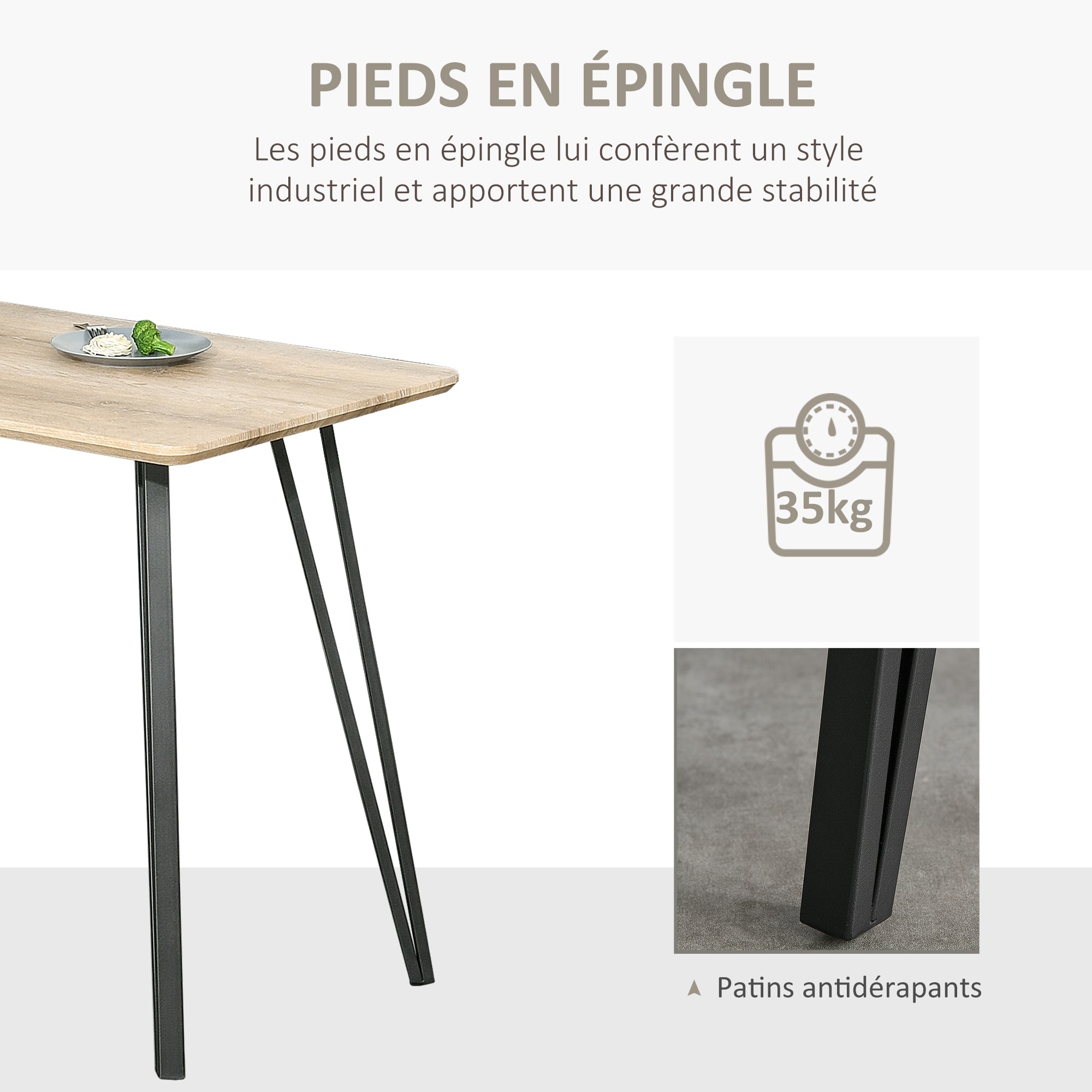 Industrial Design Dining Table Large Beveled Top 120L x 60W x 75H cm Black Metal Hairpin Legs Light Oak Grain MDF