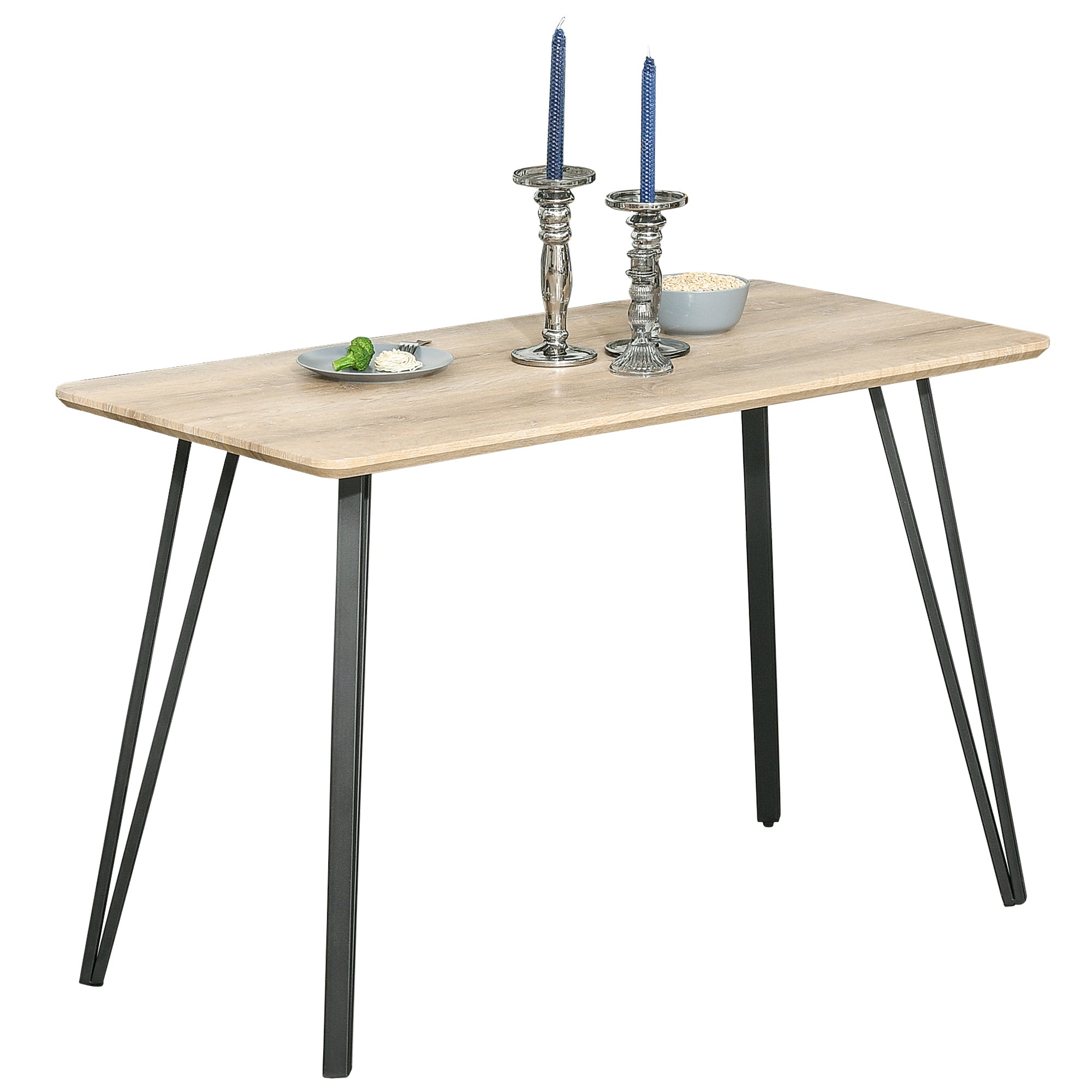 Industrial Design Dining Table Large Beveled Top 120L x 60W x 75H cm Black Metal Hairpin Legs Light Oak Grain MDF