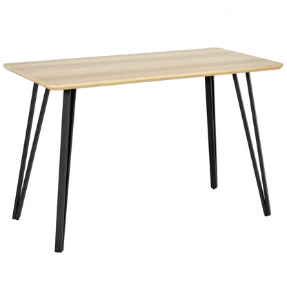 Industrial Design Dining Table Large Beveled Top 120L x 60W x 75H cm Black Metal Hairpin Legs Light Oak Grain MDF
