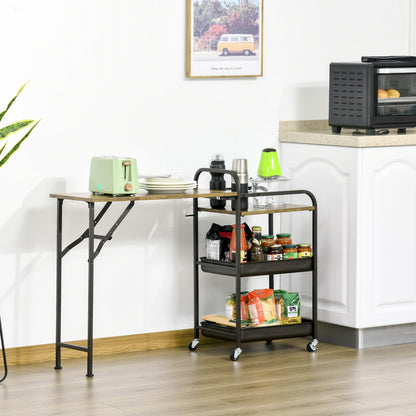 Kitchen Trolley Kitchen Serving Trolley with 1 Folding Tabletop 2 Trays and 1 Open Shelf Wheels Adjustable Foot Pads E1 chipboard Metal Rustic Brown 118 x 36.5 x 82 cm