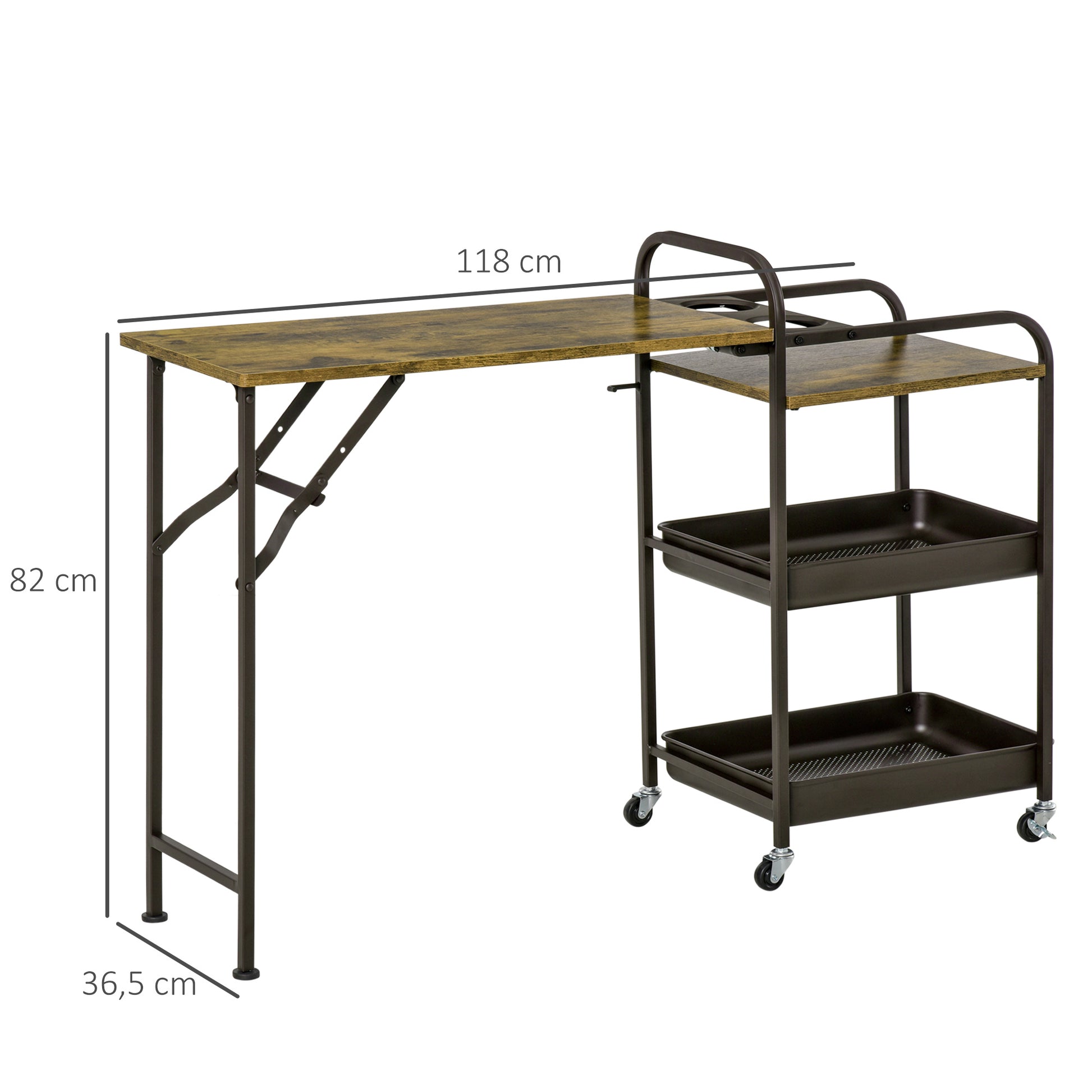 Kitchen Trolley Kitchen Serving Trolley with 1 Folding Tabletop 2 Trays and 1 Open Shelf Wheels Adjustable Foot Pads E1 chipboard Metal Rustic Brown 118 x 36.5 x 82 cm