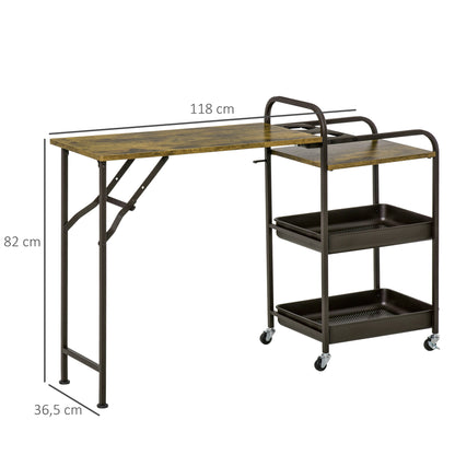 Kitchen Trolley Kitchen Serving Trolley with 1 Folding Tabletop 2 Trays and 1 Open Shelf Wheels Adjustable Foot Pads E1 chipboard Metal Rustic Brown 118 x 36.5 x 82 cm