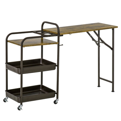 Kitchen Trolley Kitchen Serving Trolley with 1 Folding Tabletop 2 Trays and 1 Open Shelf Wheels Adjustable Foot Pads E1 chipboard Metal Rustic Brown 118 x 36.5 x 82 cm