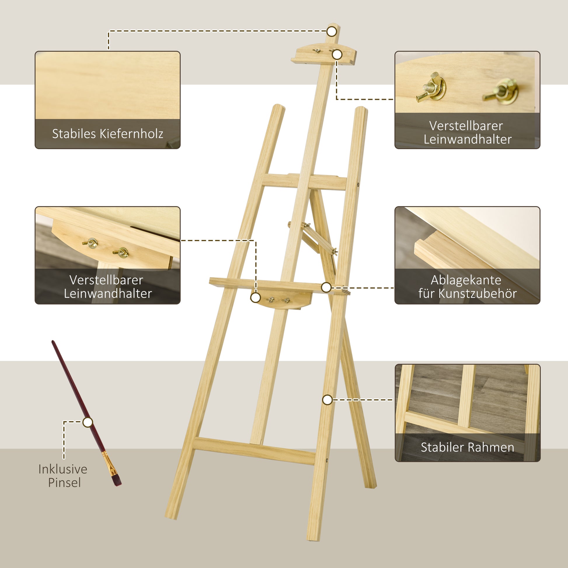 Easel Seat and Stand Easel Foldable Studio Easel 75° Adjustable with Holder for Art Painting And Outdoor Advertising Pine Wood Natural 51.5 x 71.5 x 134.5 cm