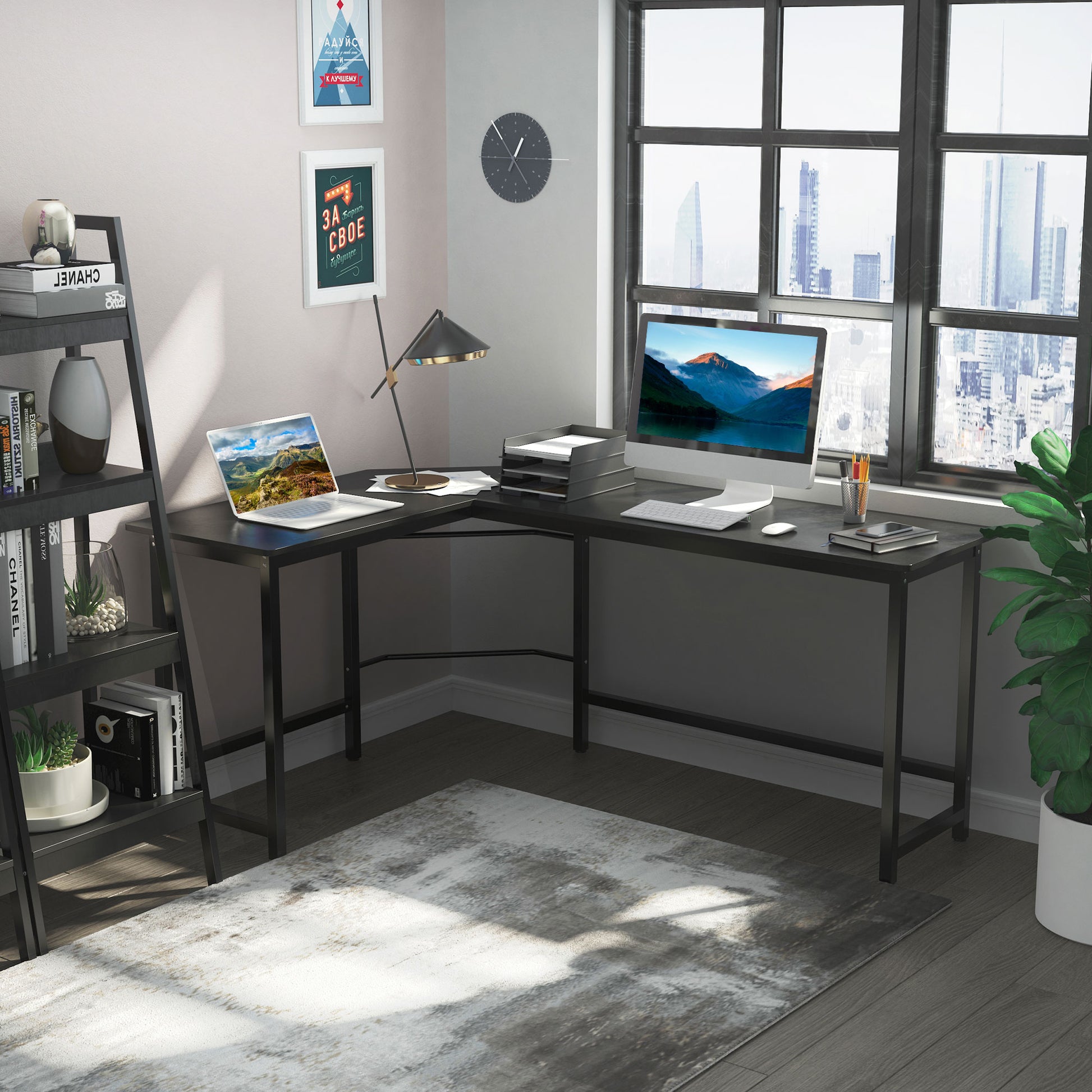 Computer Desk Writing Desk L-shaped Desk adjustable height Metal Black 168 x 120 x 75 cm