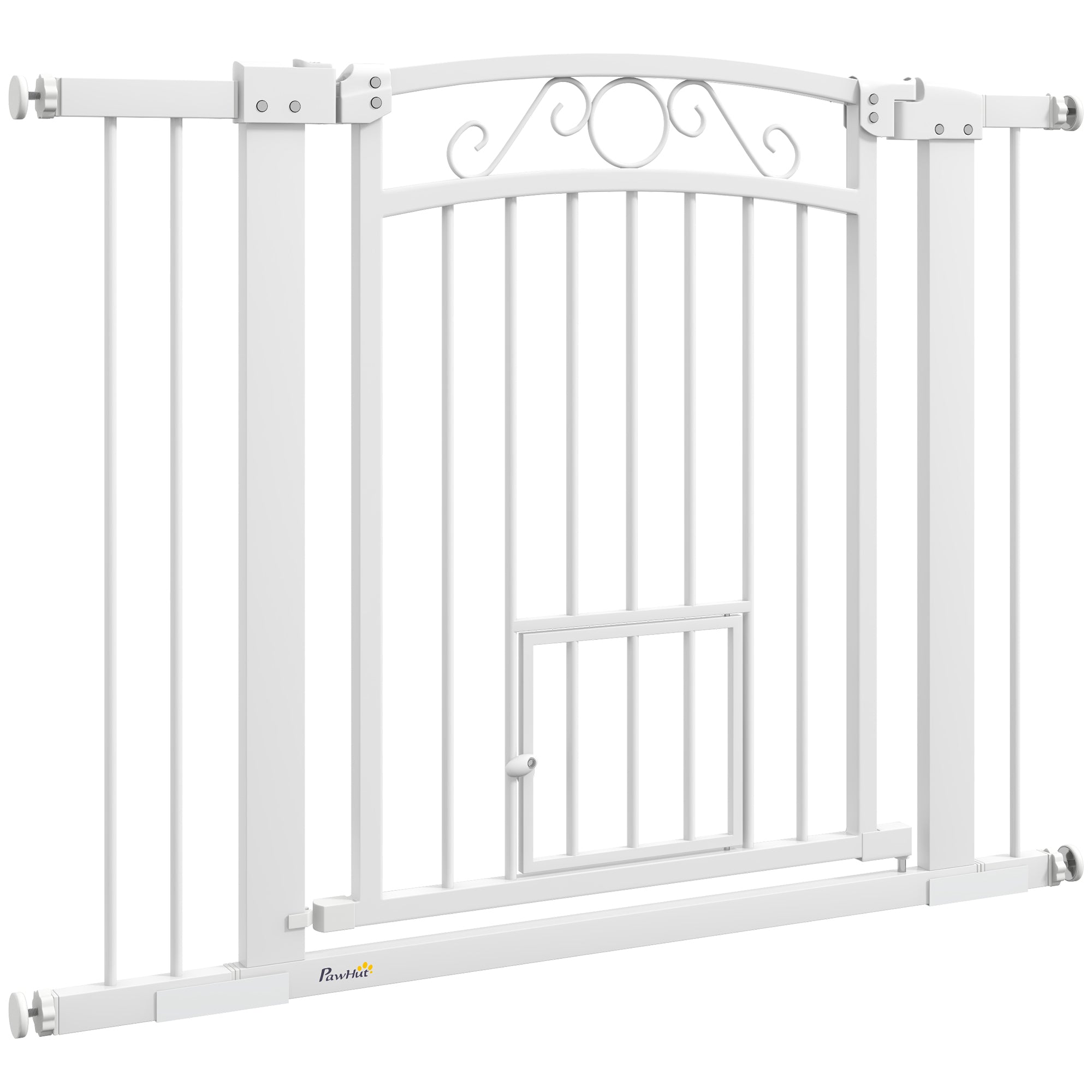 Indoor Dog Safety Gate, Dog Gate with 2 Extensions 76-104 cm and Cat Door, Pet Gate Height 77 cm, for Hallway and Stairs, White