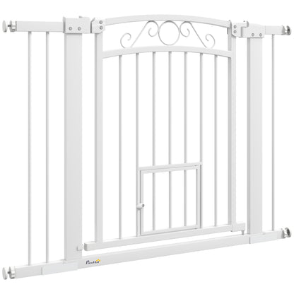 Indoor Dog Safety Gate, Dog Gate with 2 Extensions 76-104 cm and Cat Door, Pet Gate Height 77 cm, for Hallway and Stairs, White