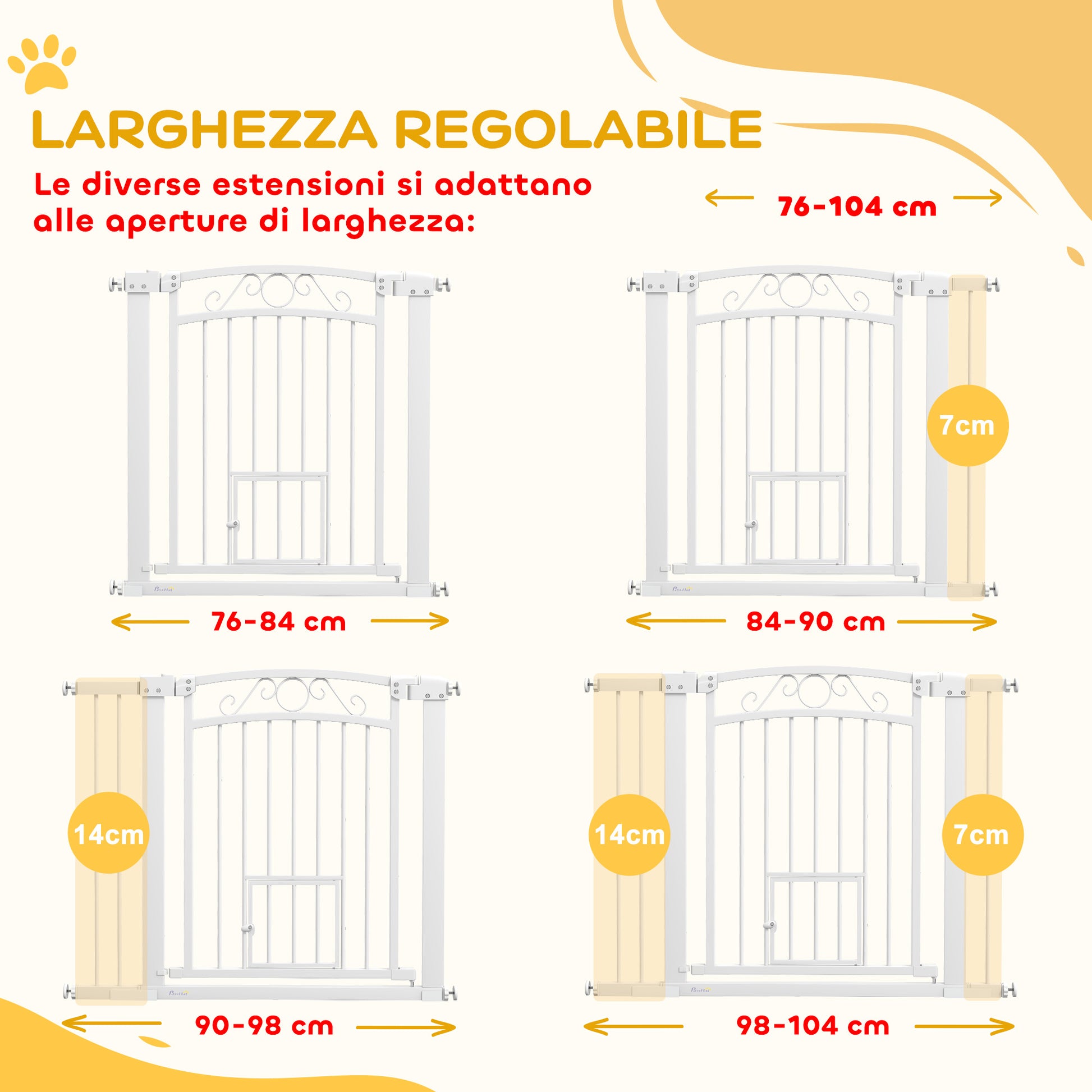 Indoor Dog Safety Gate, Dog Gate with 2 Extensions 76-104 cm and Cat Door, Pet Gate Height 77 cm, for Hallway and Stairs, White