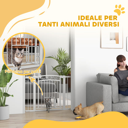 Indoor Dog Safety Gate, Dog Gate with 2 Extensions 76-104 cm and Cat Door, Pet Gate Height 77 cm, for Hallway and Stairs, White