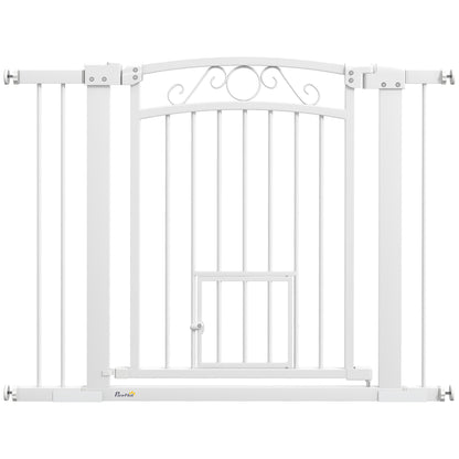 Indoor Dog Safety Gate, Dog Gate with 2 Extensions 76-104 cm and Cat Door, Pet Gate Height 77 cm, for Hallway and Stairs, White