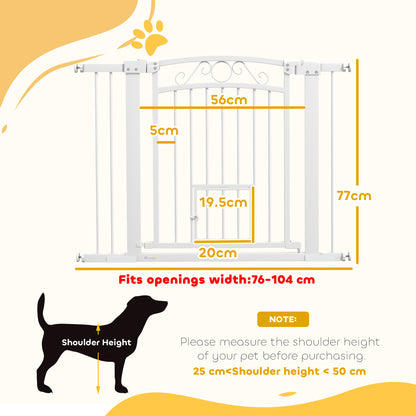 Indoor Dog Safety Gate, Dog Gate with 2 Extensions 76-104 cm and Cat Door, Pet Gate Height 77 cm, for Hallway and Stairs, White