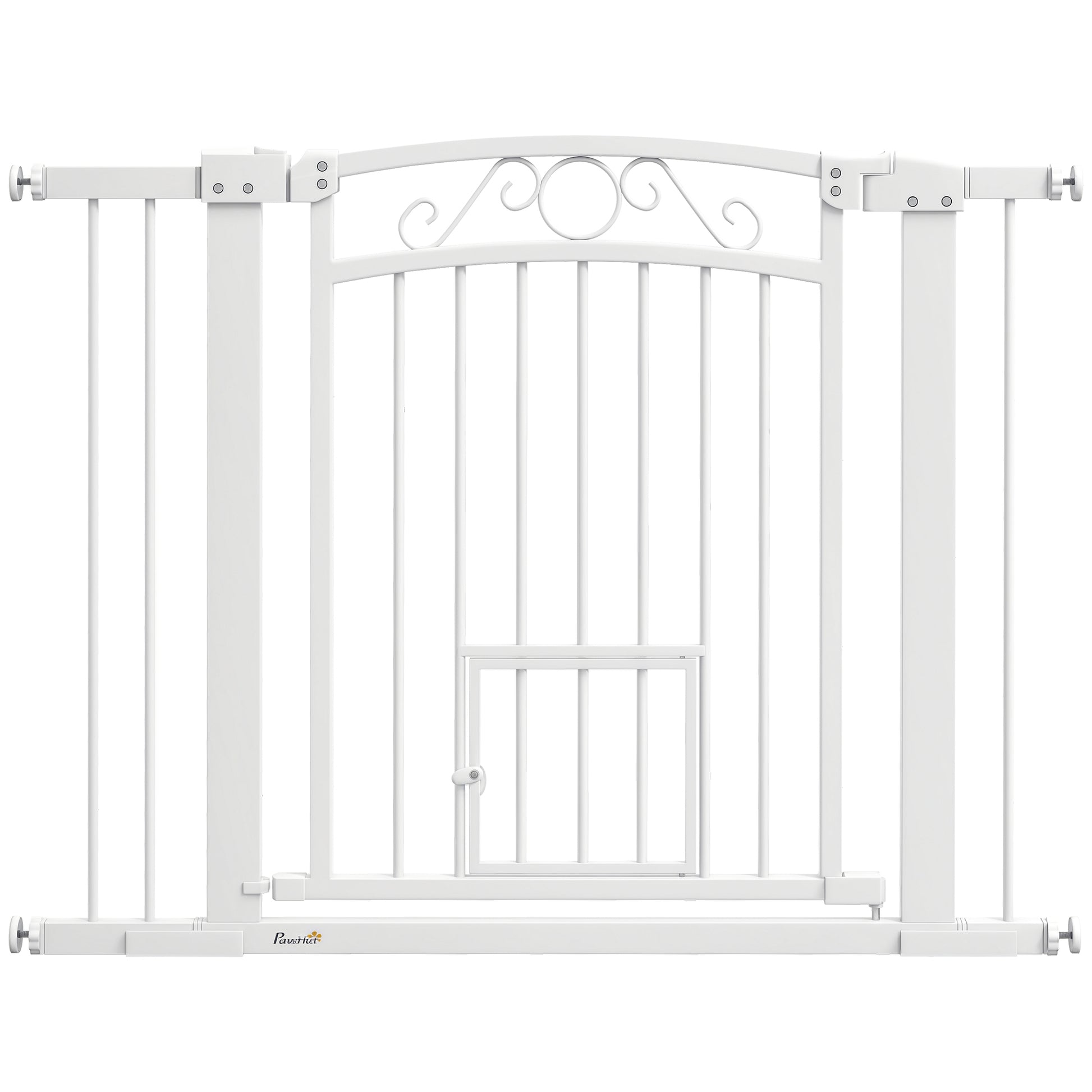 Indoor Dog Safety Gate, Dog Gate with 2 Extensions 76-104 cm and Cat Door, Pet Gate Height 77 cm, for Hallway and Stairs, White