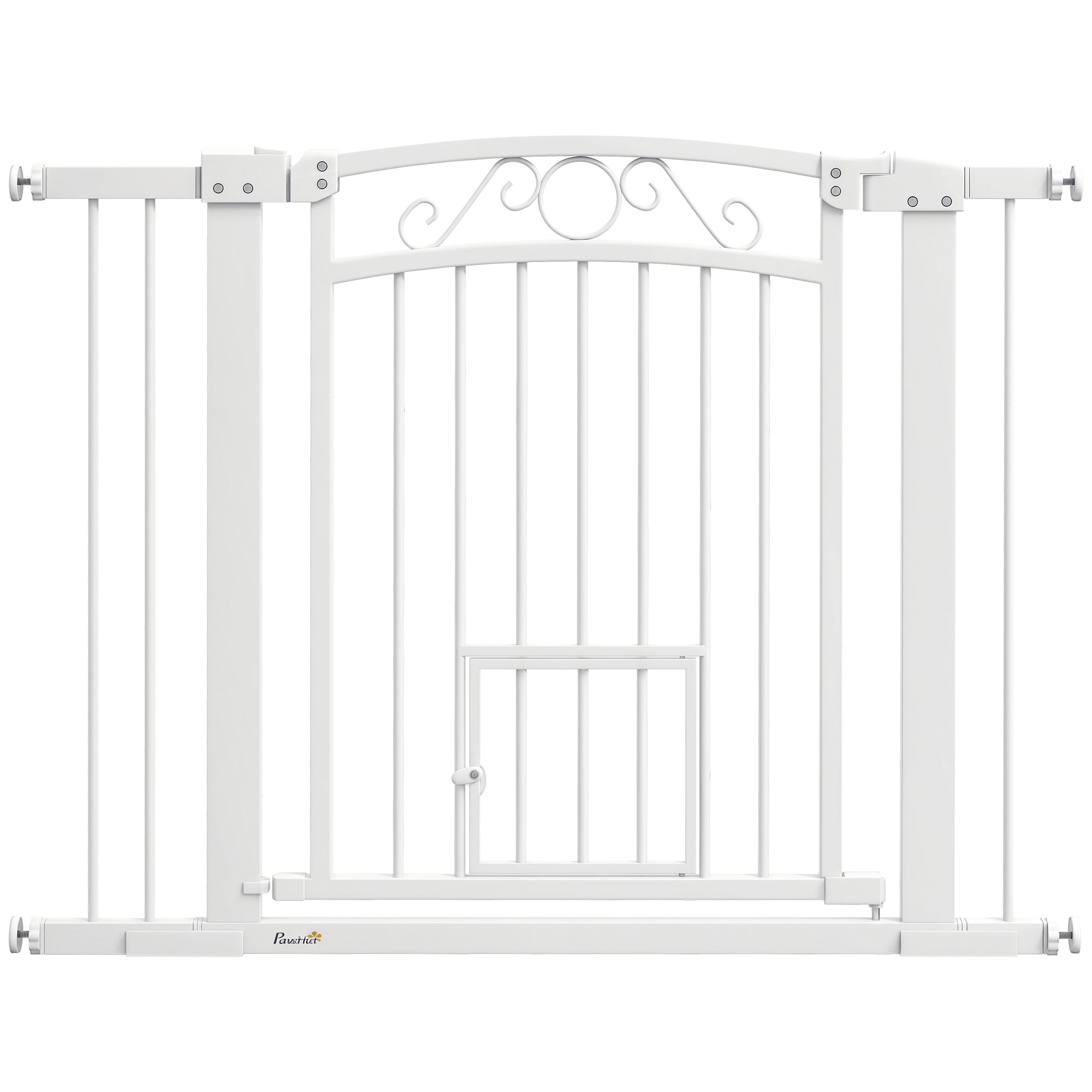 Indoor Dog Safety Gate, Dog Gate with 2 Extensions 76-104 cm and Cat Door, Pet Gate Height 77 cm, for Hallway and Stairs, White