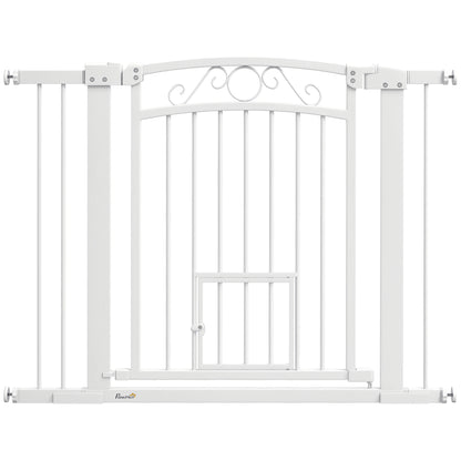 Indoor Dog Safety Gate, Dog Gate with 2 Extensions 76-104 cm and Cat Door, Pet Gate Height 77 cm, for Hallway and Stairs, White