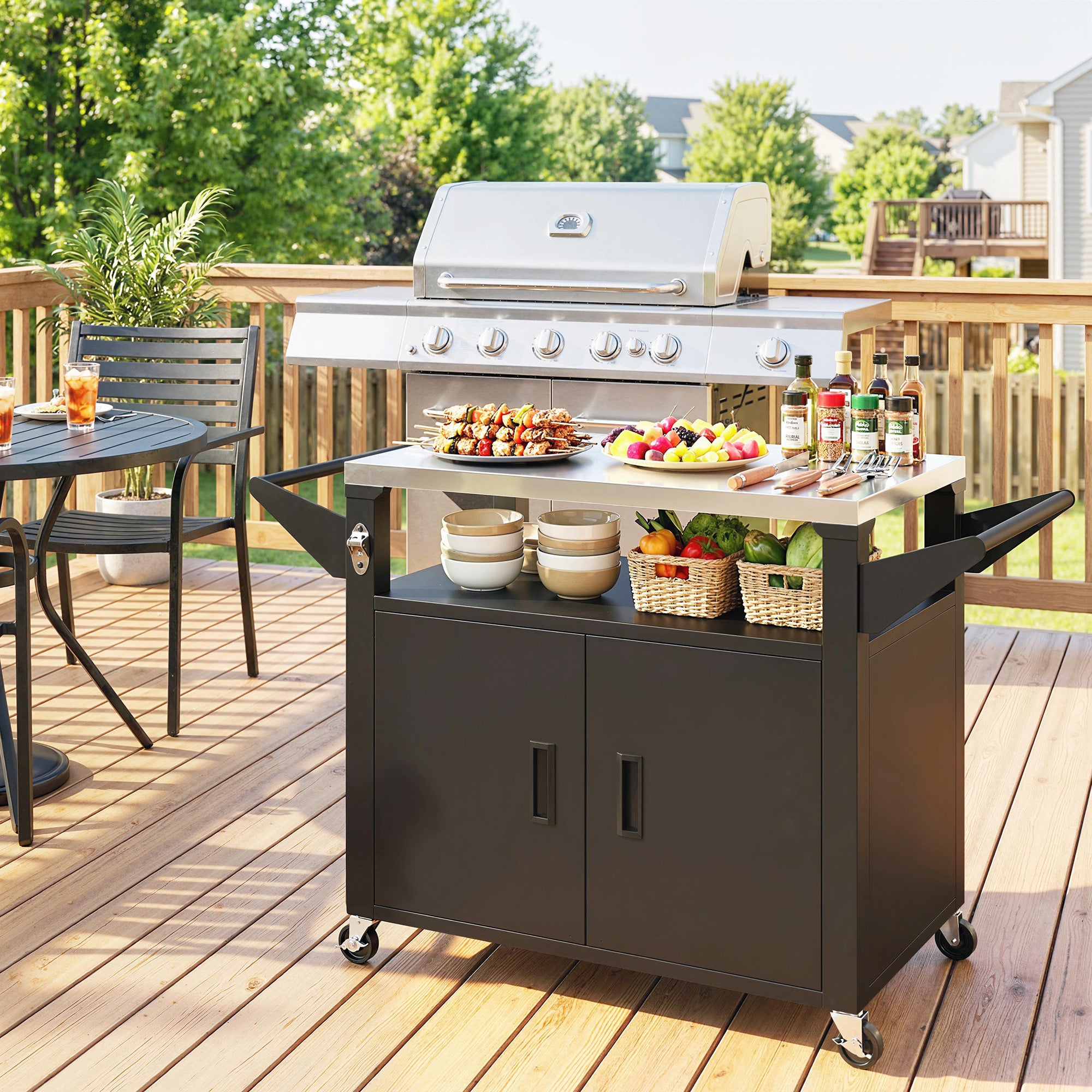 Kitchen Cart with Wheels, Serving Trolley with Cabinet, Handles, Kitchen Helper — BBQ Grill Table with Stainless Steel Top, 46.1 x 21.7 x 30.7 in, Black