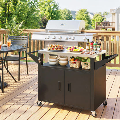 Kitchen Cart with Wheels, Serving Trolley with Cabinet, Handles, Kitchen Helper — BBQ Grill Table with Stainless Steel Top, 46.1 x 21.7 x 30.7 in, Black
