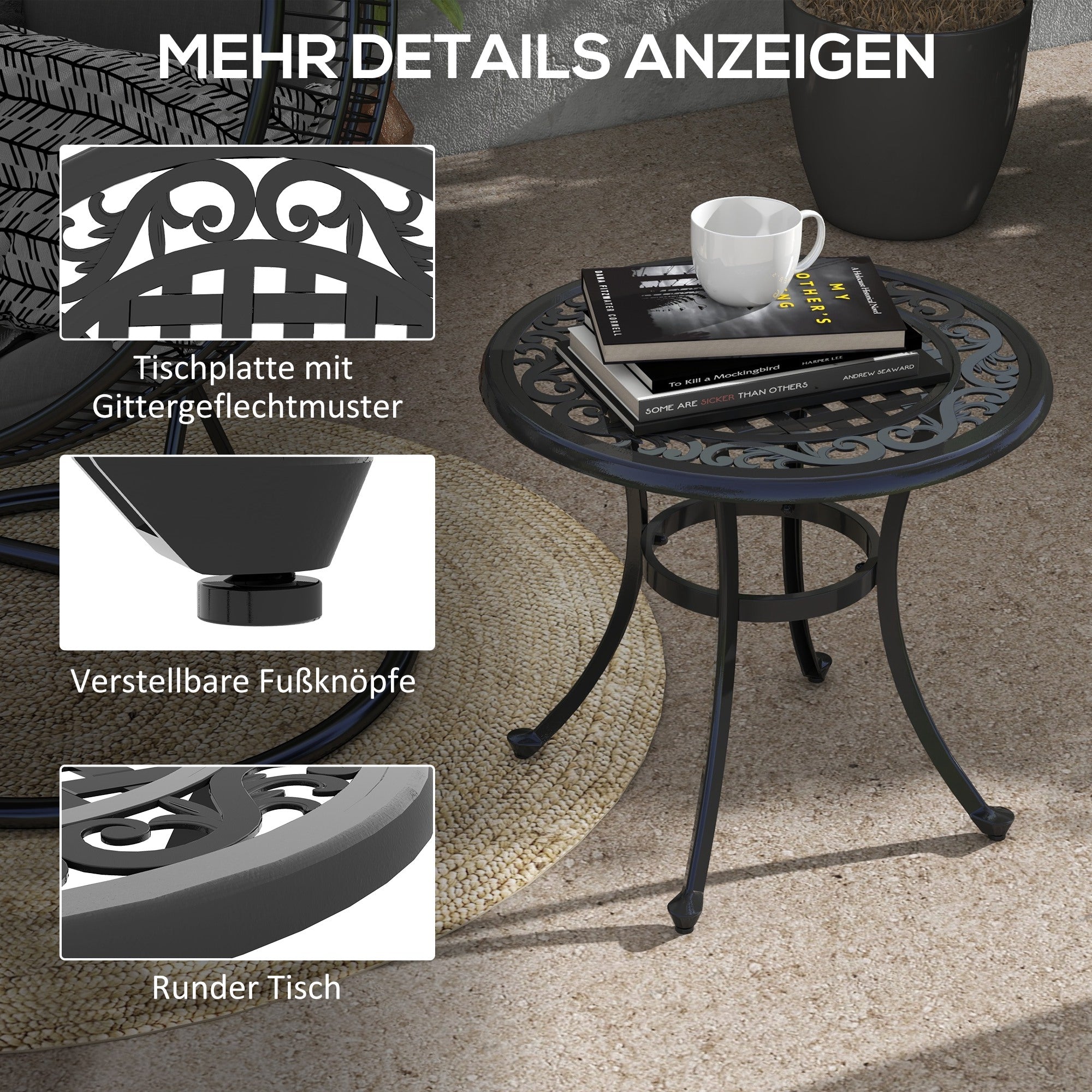 Side Table, Garden Table, Patio Table with Aluminum Frame, Coffee Table up to 50 kg Load Capacity for Garden, Balcony, Black, 60 x 60 x 53 cm