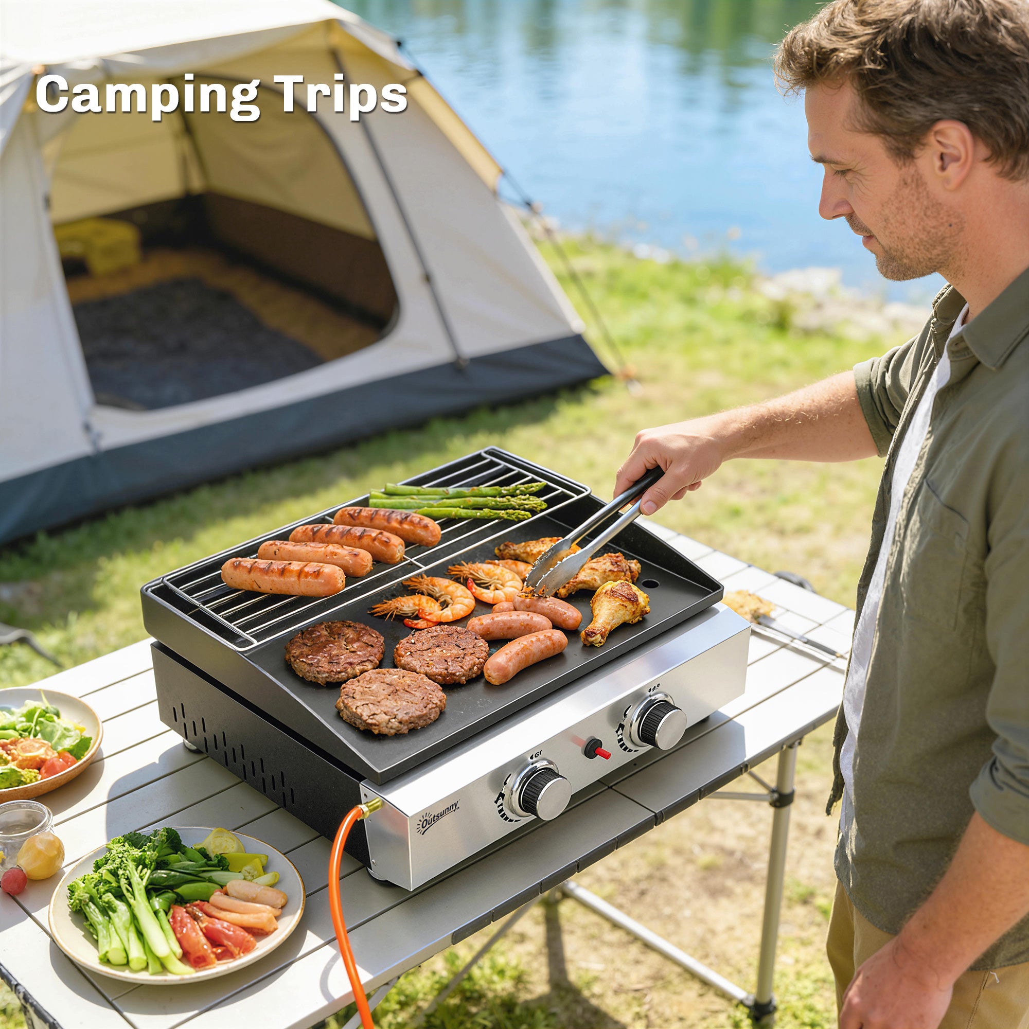 Portable Tabletop Gas Grill, 5 kW, 2 Burners, Ceramic-Coated Griddle, Warming Rack, Removable Grease Tray, Stainless Steel — Picnic & Balcony Grill