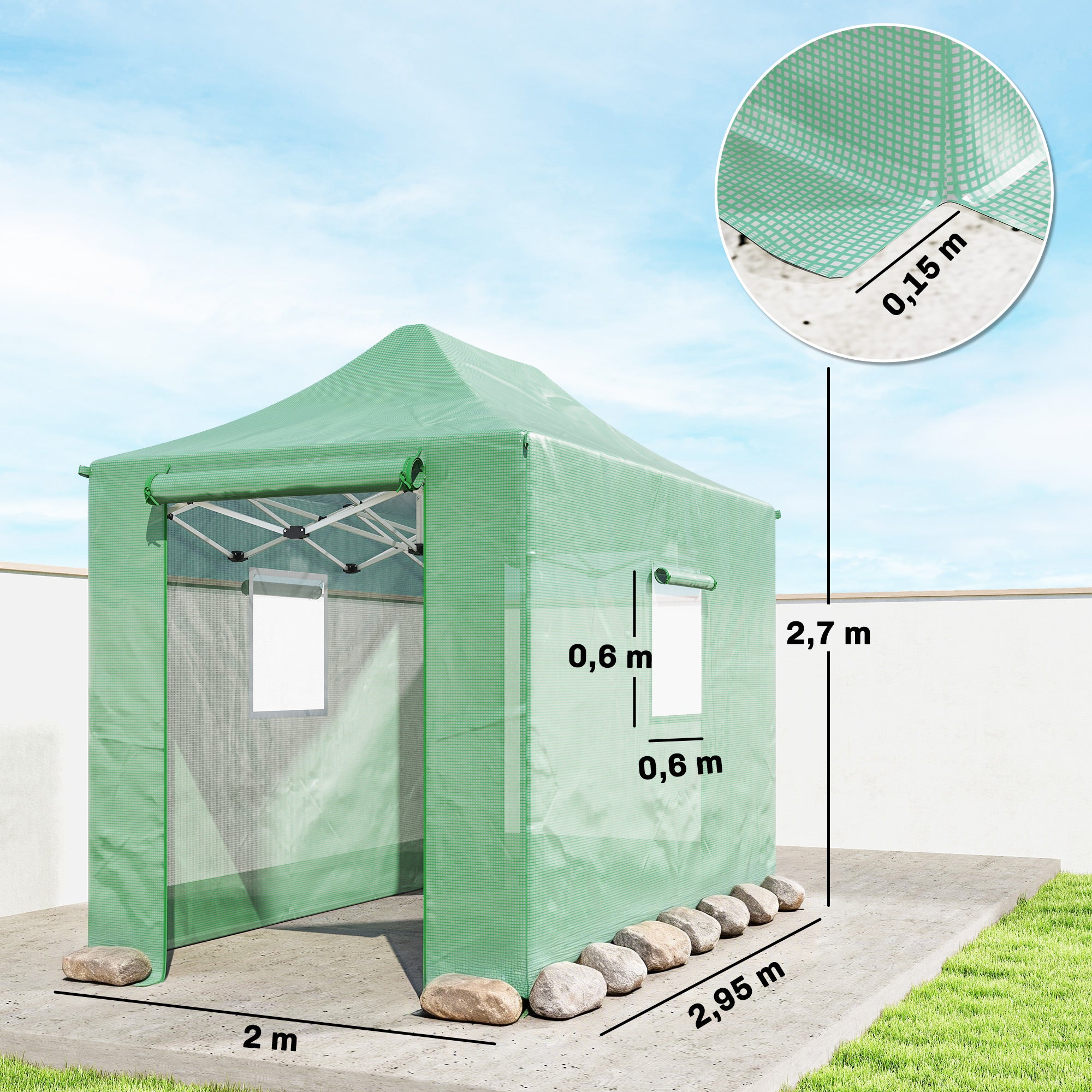 Foldable Pop-Up Greenhouse, 295×200×270 cm (PE Polytunnel) with Gable Roof, Roll-Up Zip Doors & Mesh Windows, Sturdy Metal Frame — Green