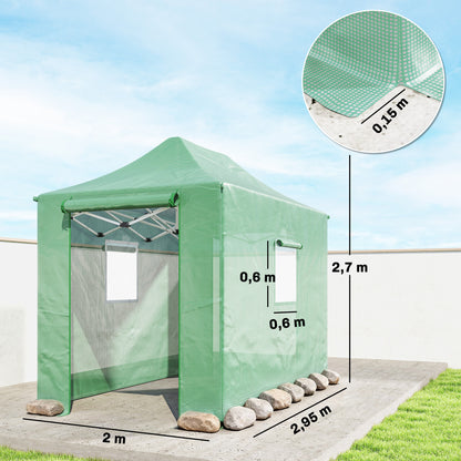 Foldable Pop-Up Greenhouse, 295×200×270 cm (PE Polytunnel) with Gable Roof, Roll-Up Zip Doors & Mesh Windows, Sturdy Metal Frame — Green