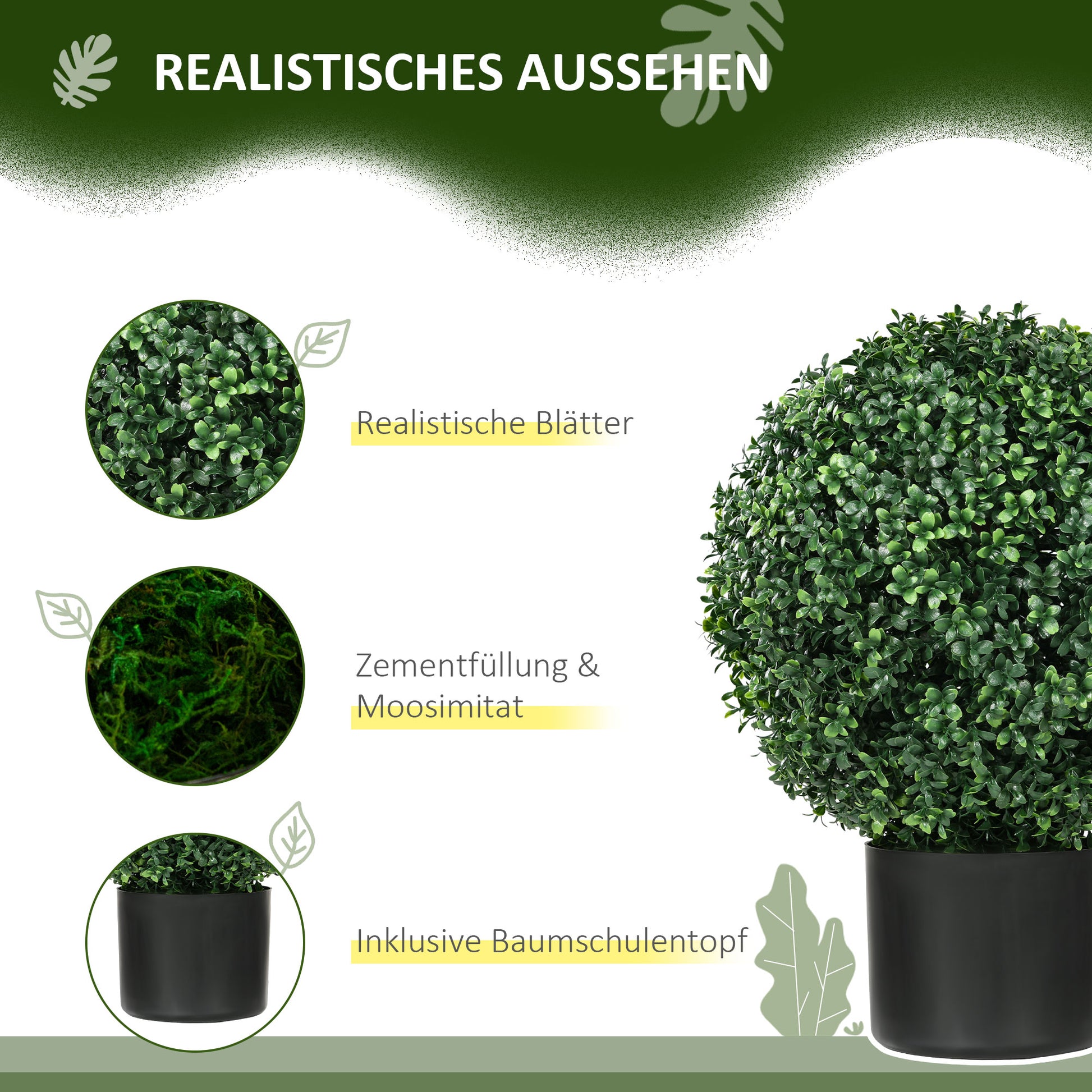 Set of 2 Artificial Boxwood Trees 52cm Fake Plant, Round Faux Boxwood in Pot, Artificial Plants realistic for Living Room Bedroom Office Decor