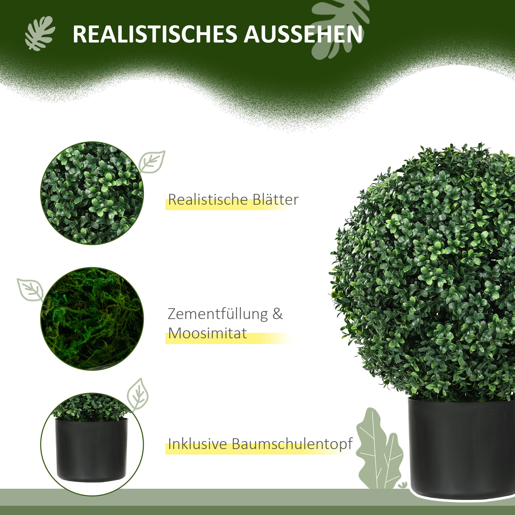Set of 2 Artificial Boxwood Trees 52cm Fake Plant, Round Faux Boxwood in Pot, Artificial Plants realistic for Living Room Bedroom Office Decor