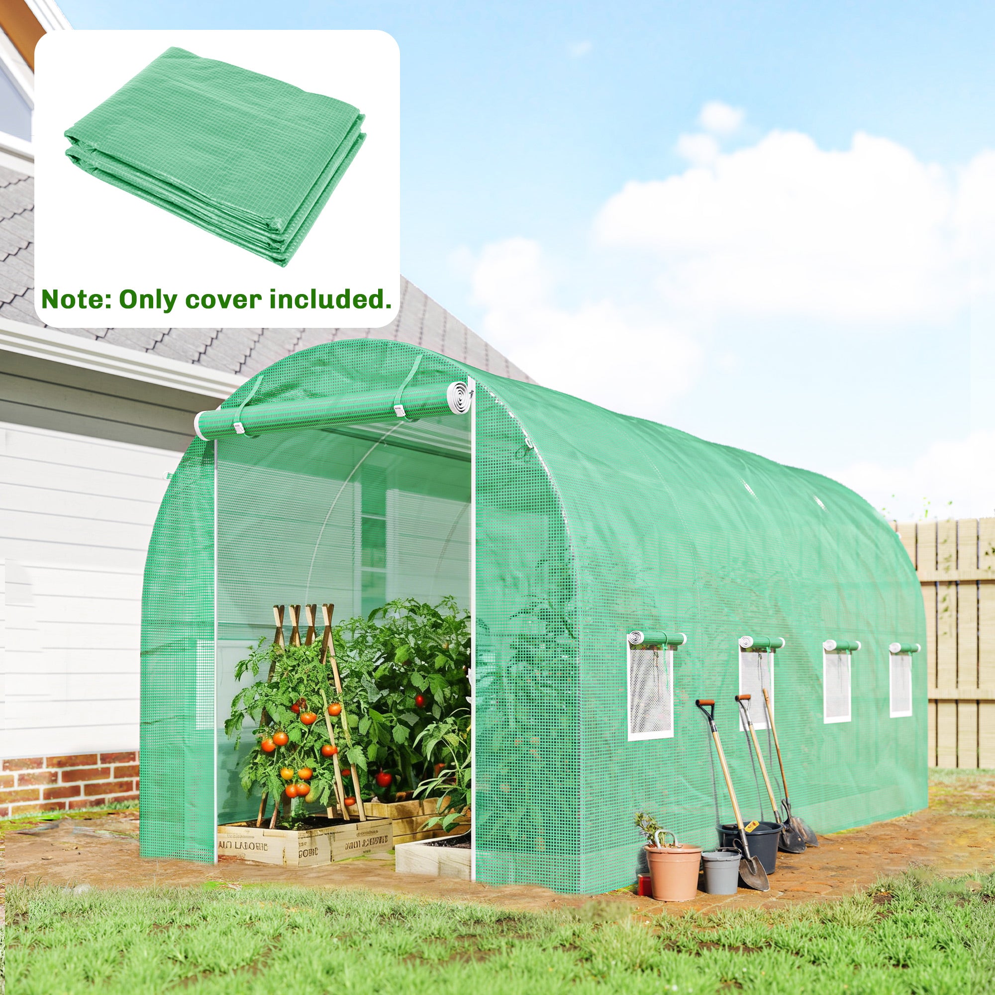 Greenhouse Cover 4 x 2 m (13.1 x 6.6 ft) — Waterproof PE Tunnel Tarp with Zipper Door, 8 Windows, UV Protection, Tear-Resistant (Green)