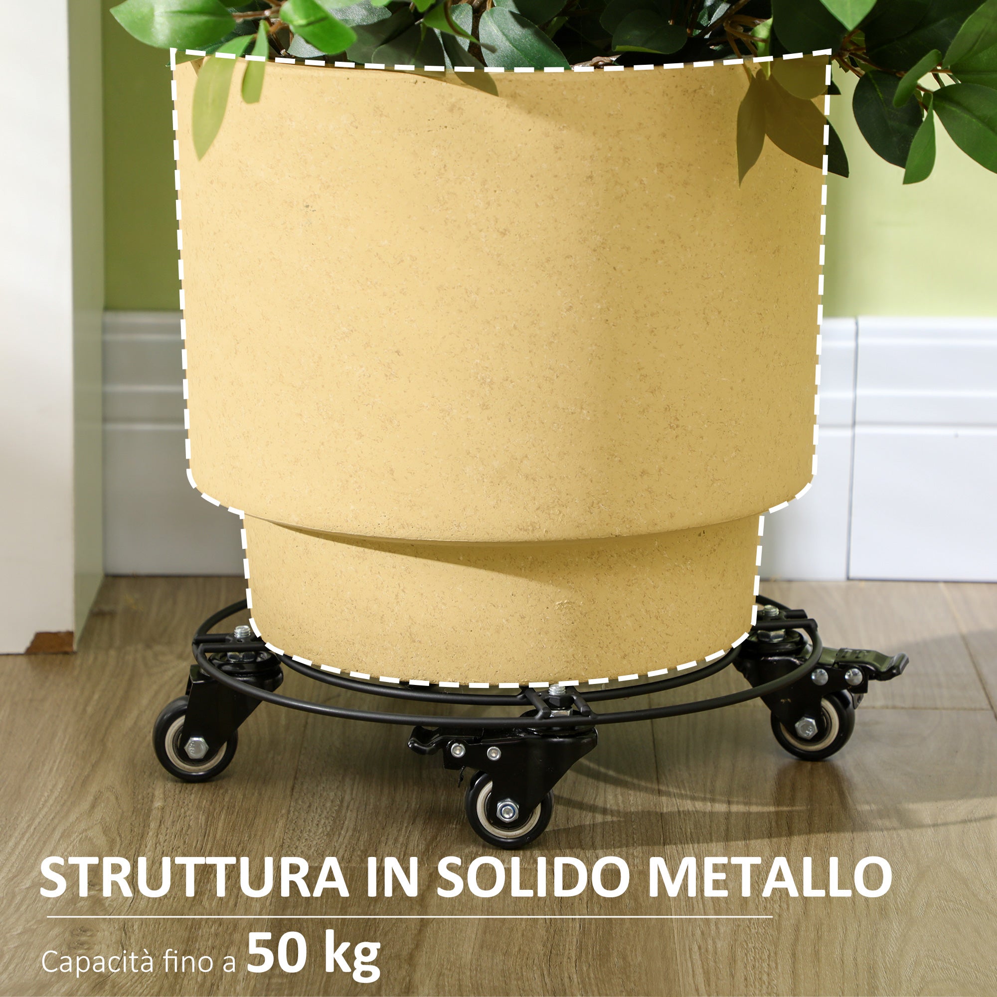 Ø30cm Metal Plant Pot Trolley with Swivel Wheels and Brake for Indoor and Outdoor Use, Black
