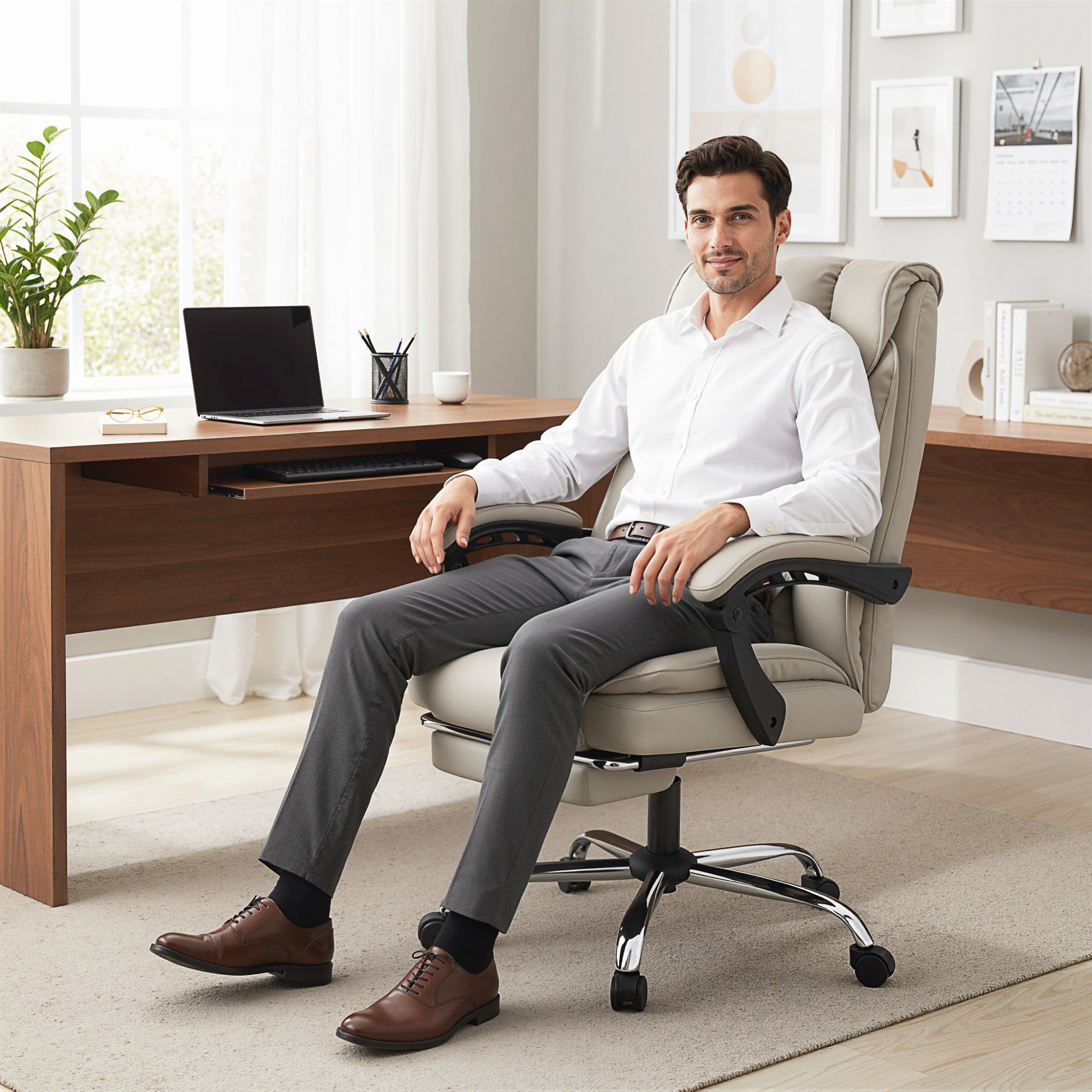 Office Chair with Footrest, High-Back Recliner, Thick Dual Padding, Durable PU Leather, Adjustable Height — Khaki