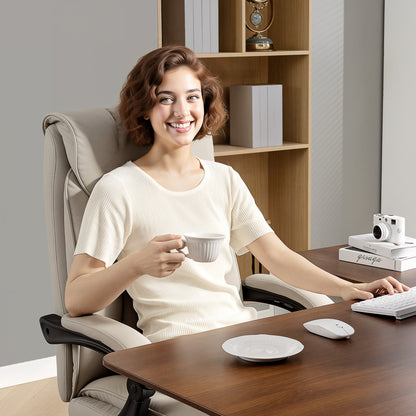 Office Chair with Footrest, High-Back Recliner, Thick Dual Padding, Durable PU Leather, Adjustable Height — Khaki