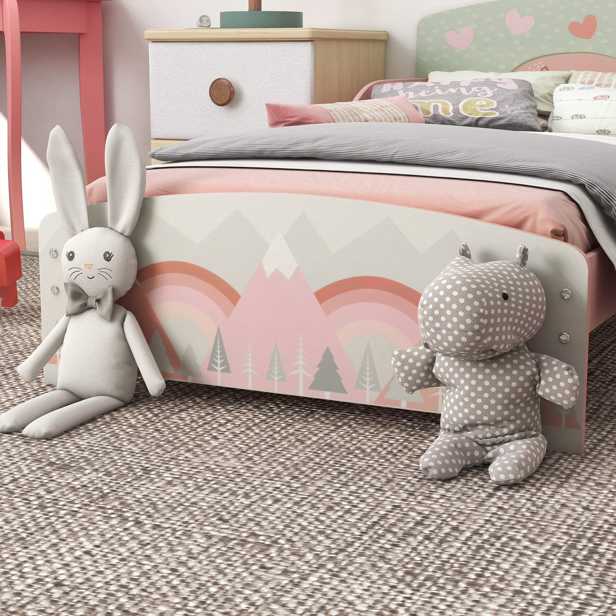 ZONEKIZ Wooden Children's Bed 143x77x60 cm Bed for Children aged 3-6 Years with Safety Barriers and Prints Max Load 40 kg Modern Pink Bedroom Furniture
