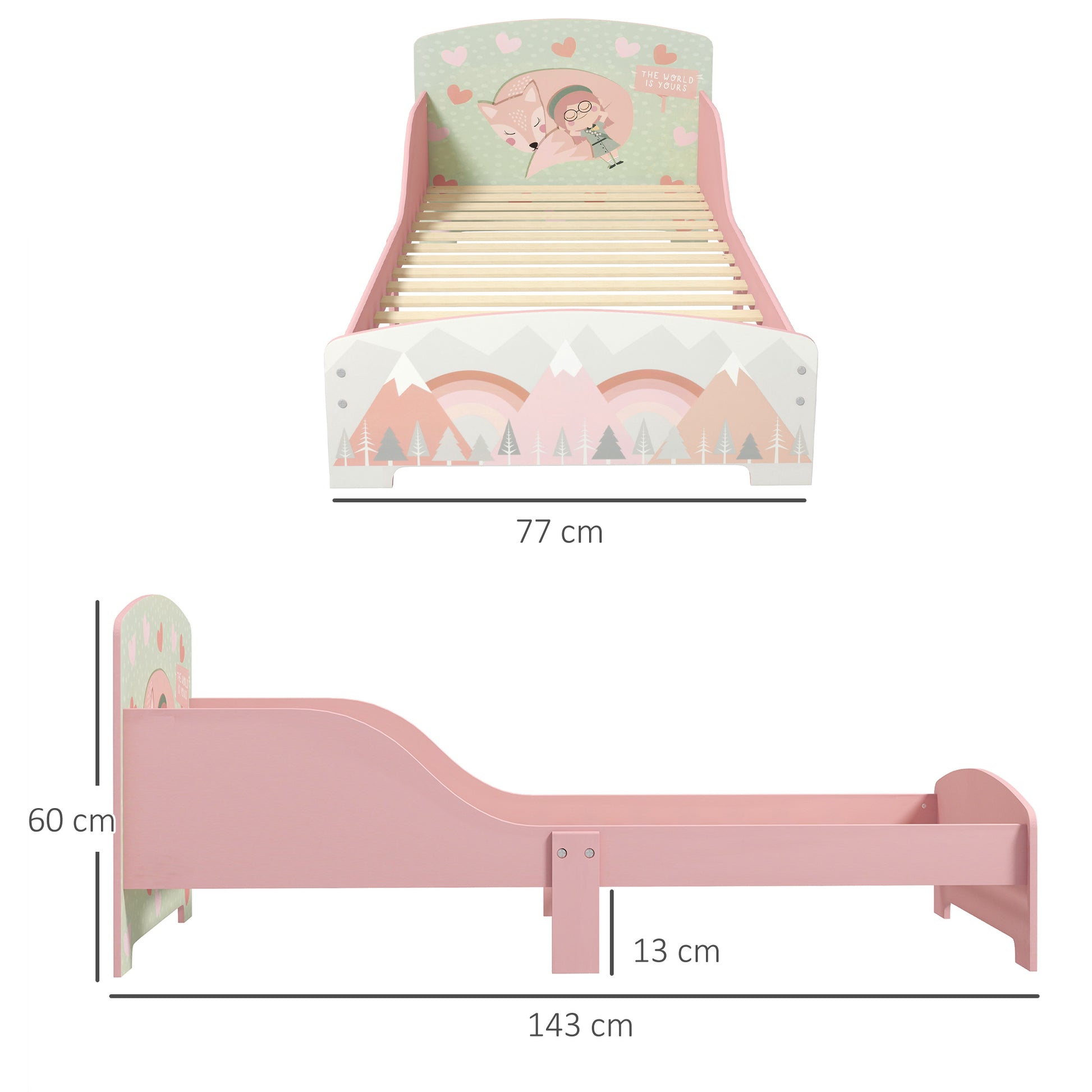 ZONEKIZ Wooden Children's Bed 143x77x60 cm Bed for Children aged 3-6 Years with Safety Barriers and Prints Max Load 40 kg Modern Pink Bedroom Furniture