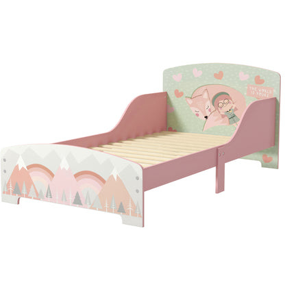 ZONEKIZ Wooden Children's Bed 143x77x60 cm Bed for Children aged 3-6 Years with Safety Barriers and Prints Max Load 40 kg Modern Pink Bedroom Furniture