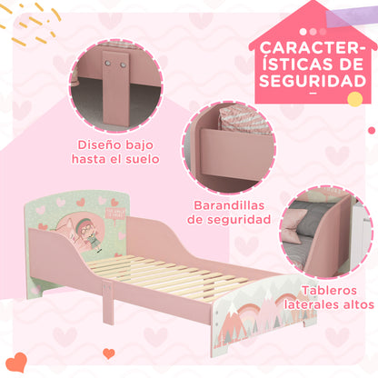 ZONEKIZ Wooden Children's Bed 143x77x60 cm Bed for Children aged 3-6 Years with Safety Barriers and Prints Max Load 40 kg Modern Pink Bedroom Furniture