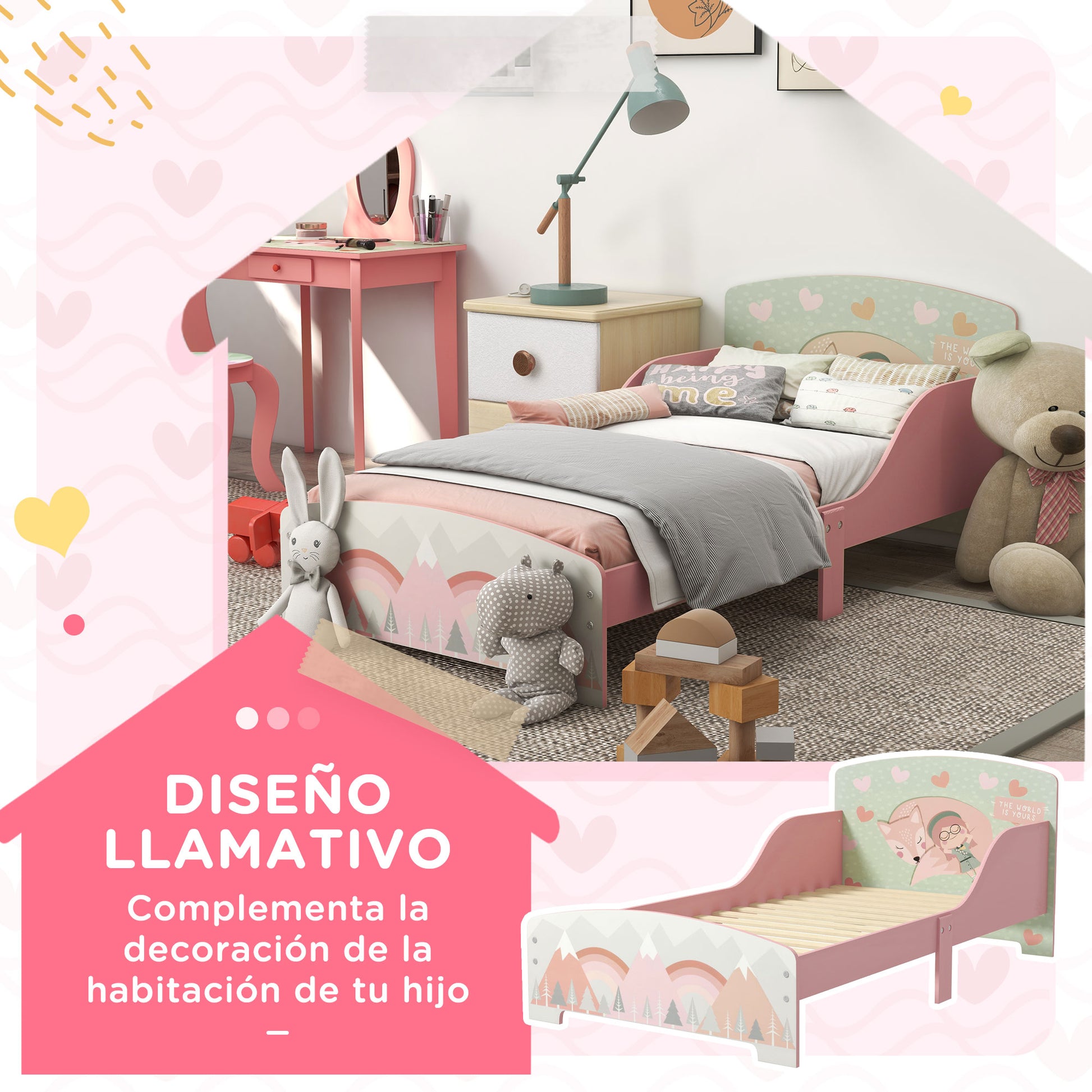 ZONEKIZ Wooden Children's Bed 143x77x60 cm Bed for Children aged 3-6 Years with Safety Barriers and Prints Max Load 40 kg Modern Pink Bedroom Furniture