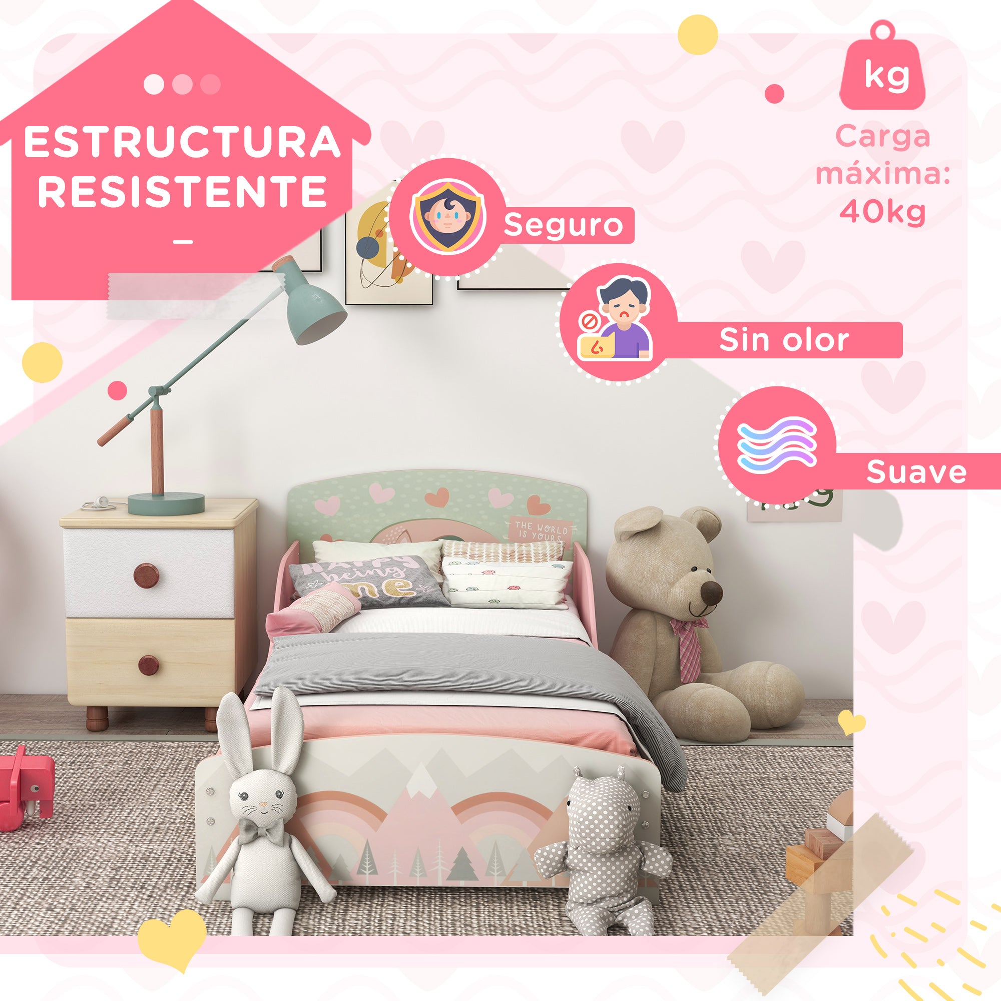 ZONEKIZ Wooden Children's Bed 143x77x60 cm Bed for Children aged 3-6 Years with Safety Barriers and Prints Max Load 40 kg Modern Pink Bedroom Furniture