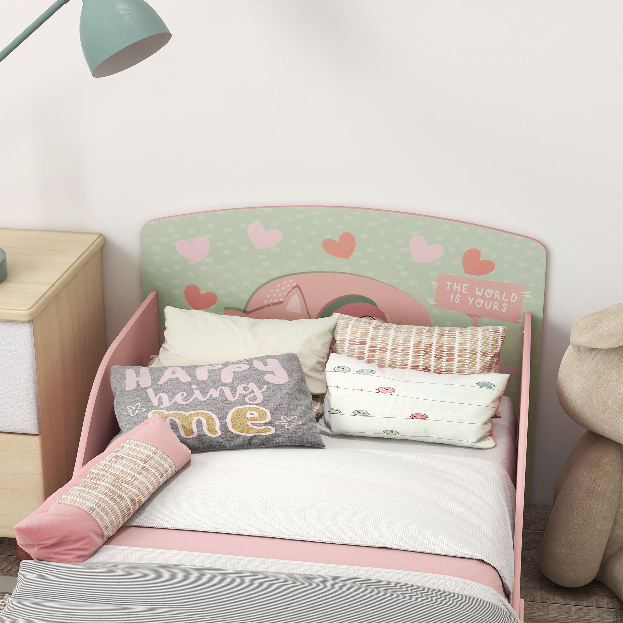 ZONEKIZ Wooden Children's Bed 143x77x60 cm Bed for Children aged 3-6 Years with Safety Barriers and Prints Max Load 40 kg Modern Pink Bedroom Furniture