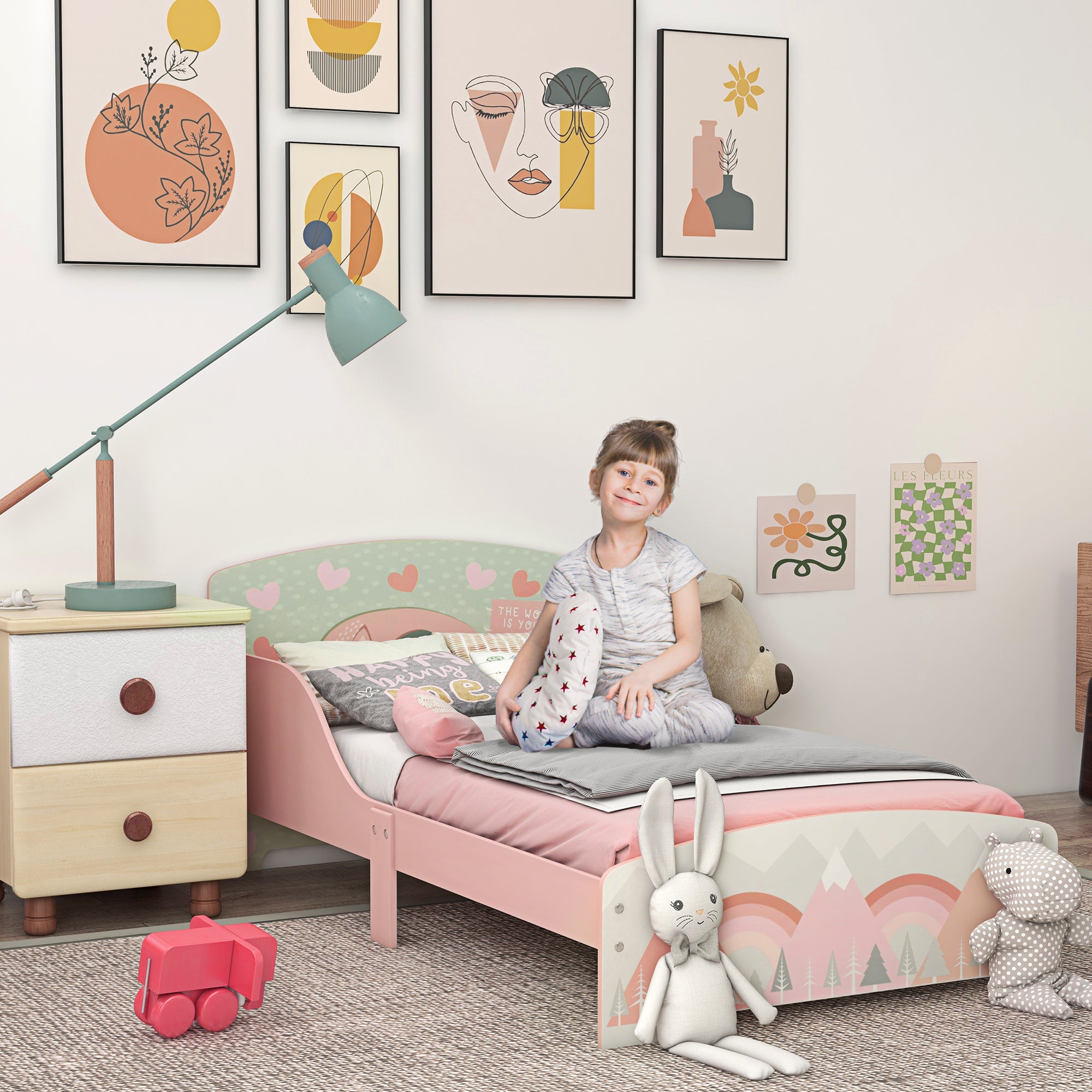 ZONEKIZ Wooden Children's Bed 143x77x60 cm Bed for Children aged 3-6 Years with Safety Barriers and Prints Max Load 40 kg Modern Pink Bedroom Furniture