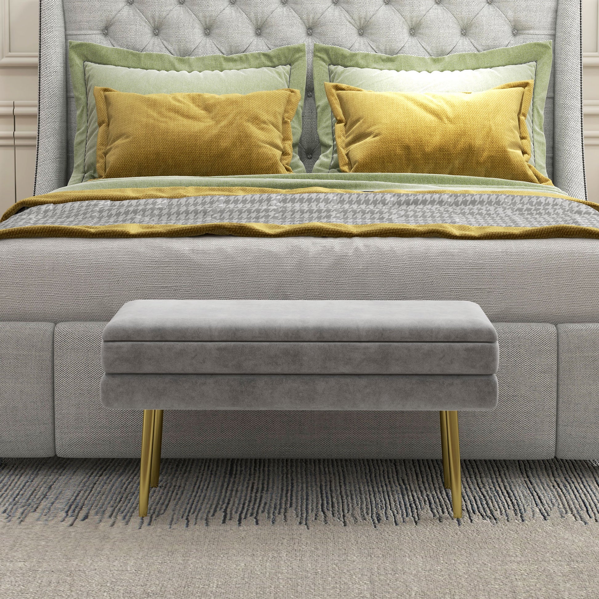 Storage Bench, Bed End Bench, Storage Chest with Velvet Seat and Steel Legs, 79.5 x 37.5 x 43 cm, Grey and Gold