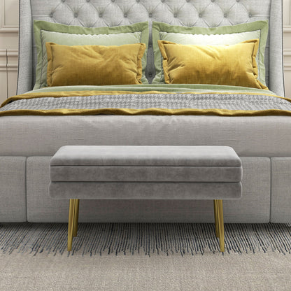 Storage Bench, Bed End Bench, Storage Chest with Velvet Seat and Steel Legs, 79.5 x 37.5 x 43 cm, Grey and Gold
