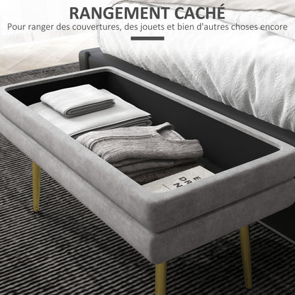 Storage Bench, Bed End Bench, Storage Chest with Velvet Seat and Steel Legs, 79.5 x 37.5 x 43 cm, Grey and Gold