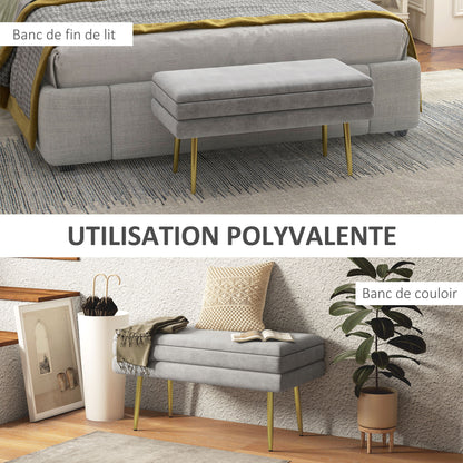 Storage Bench, Bed End Bench, Storage Chest with Velvet Seat and Steel Legs, 79.5 x 37.5 x 43 cm, Grey and Gold