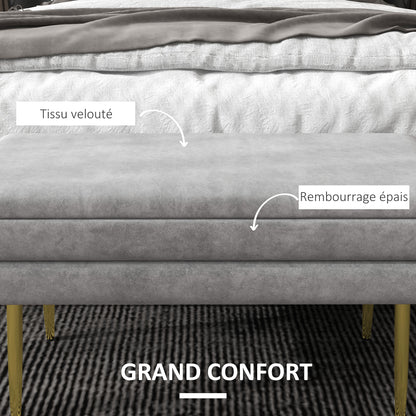Storage Bench, Bed End Bench, Storage Chest with Velvet Seat and Steel Legs, 79.5 x 37.5 x 43 cm, Grey and Gold