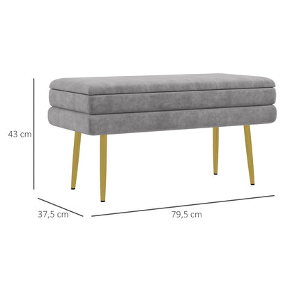 Storage Bench, Bed End Bench, Storage Chest with Velvet Seat and Steel Legs, 79.5 x 37.5 x 43 cm, Grey and Gold