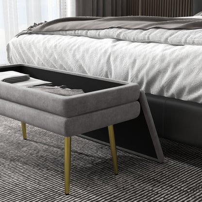 Storage Bench, Bed End Bench, Storage Chest with Velvet Seat and Steel Legs, 79.5 x 37.5 x 43 cm, Grey and Gold
