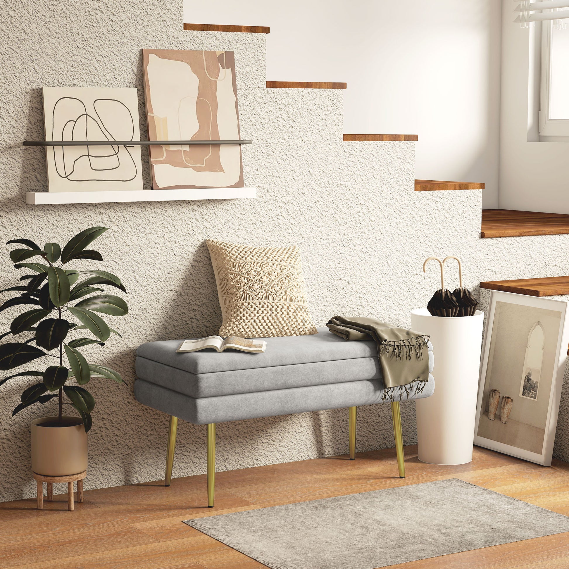 Storage Bench, Bed End Bench, Storage Chest with Velvet Seat and Steel Legs, 79.5 x 37.5 x 43 cm, Grey and Gold