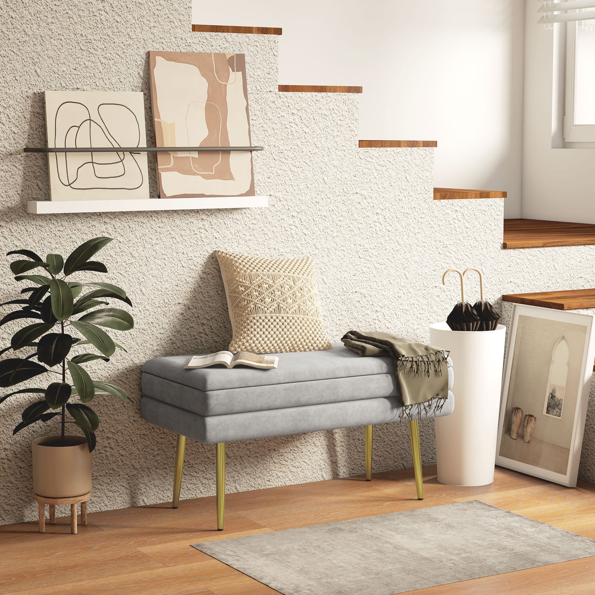 Storage Bench, Bed End Bench, Storage Chest with Velvet Seat and Steel Legs, 79.5 x 37.5 x 43 cm, Grey and Gold
