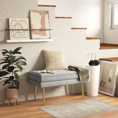 Storage Bench, Bed End Bench, Storage Chest with Velvet Seat and Steel Legs, 79.5 x 37.5 x 43 cm, Grey and Gold