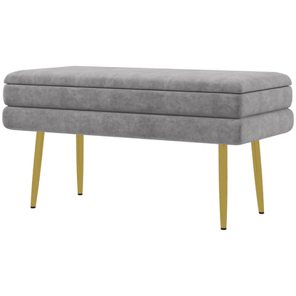 Storage Bench, Bed End Bench, Storage Chest with Velvet Seat and Steel Legs, 79.5 x 37.5 x 43 cm, Grey and Gold