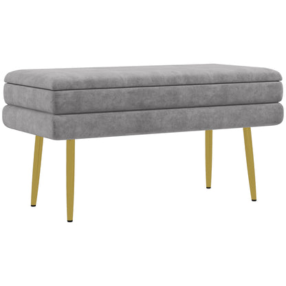 Storage Bench, Bed End Bench, Storage Chest with Velvet Seat and Steel Legs, 79.5 x 37.5 x 43 cm, Grey and Gold